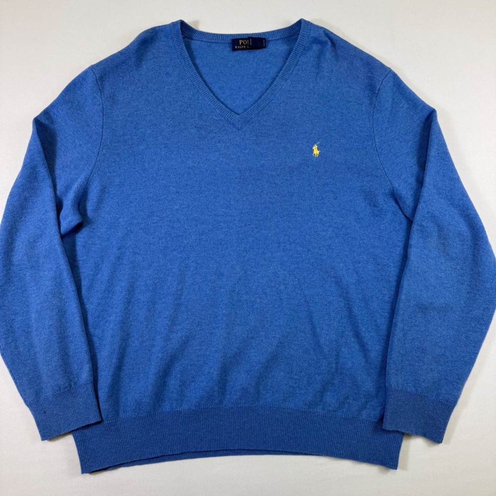 Polo Ralph Lauren Sweater Mens XXL Blue Merino Wool V-Neck Pony Logo *Small Flaw